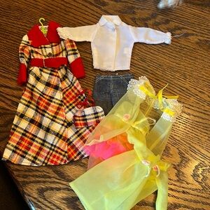 Vintage Barbie maxi coat, jeans, lingerie set